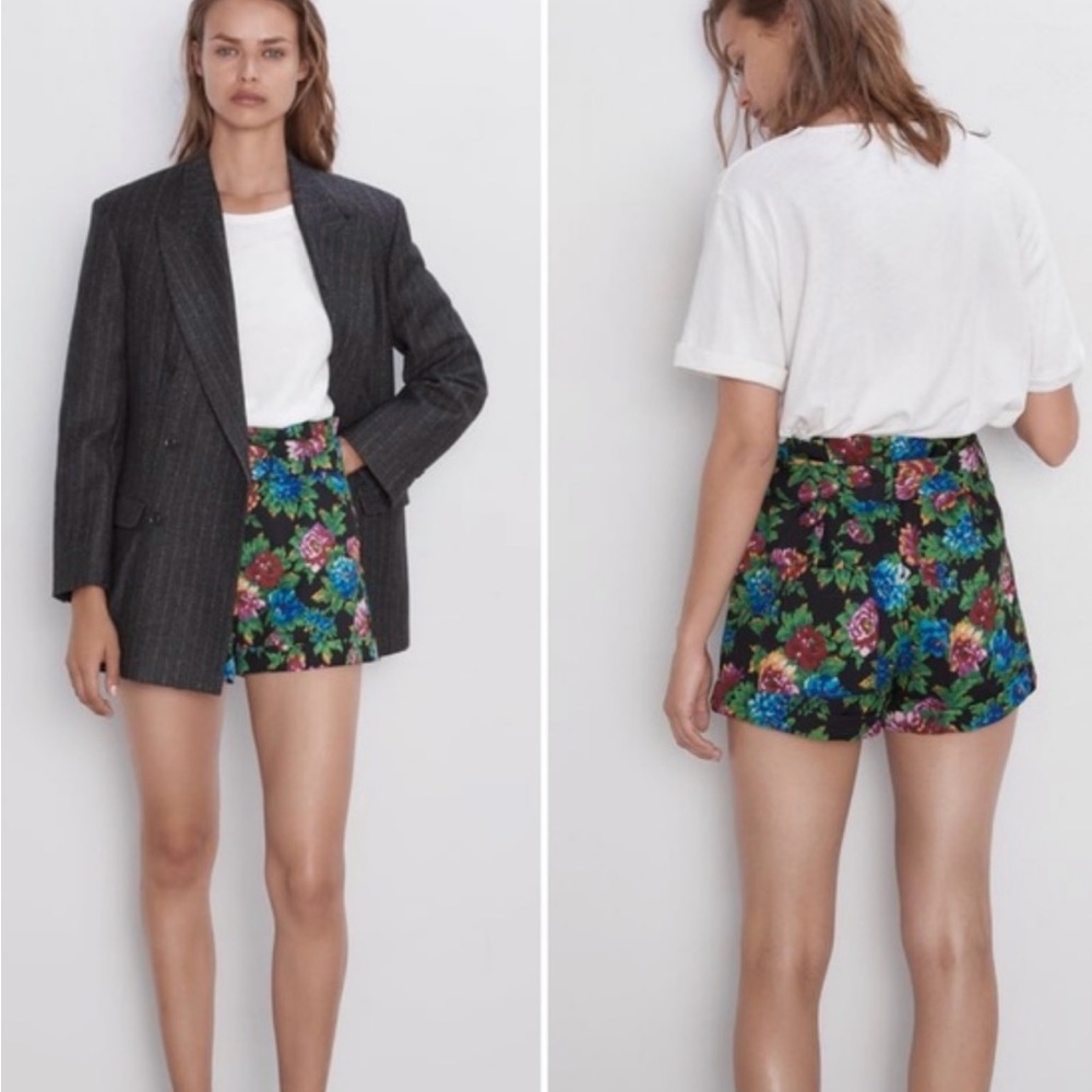 Zara Black Floral Print High Waist Bermuda Shorts Sz S New - Picture 1 of 8